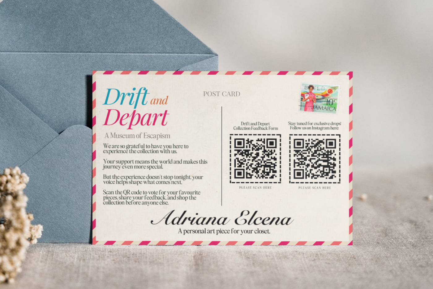 drift and depart launch postcard
